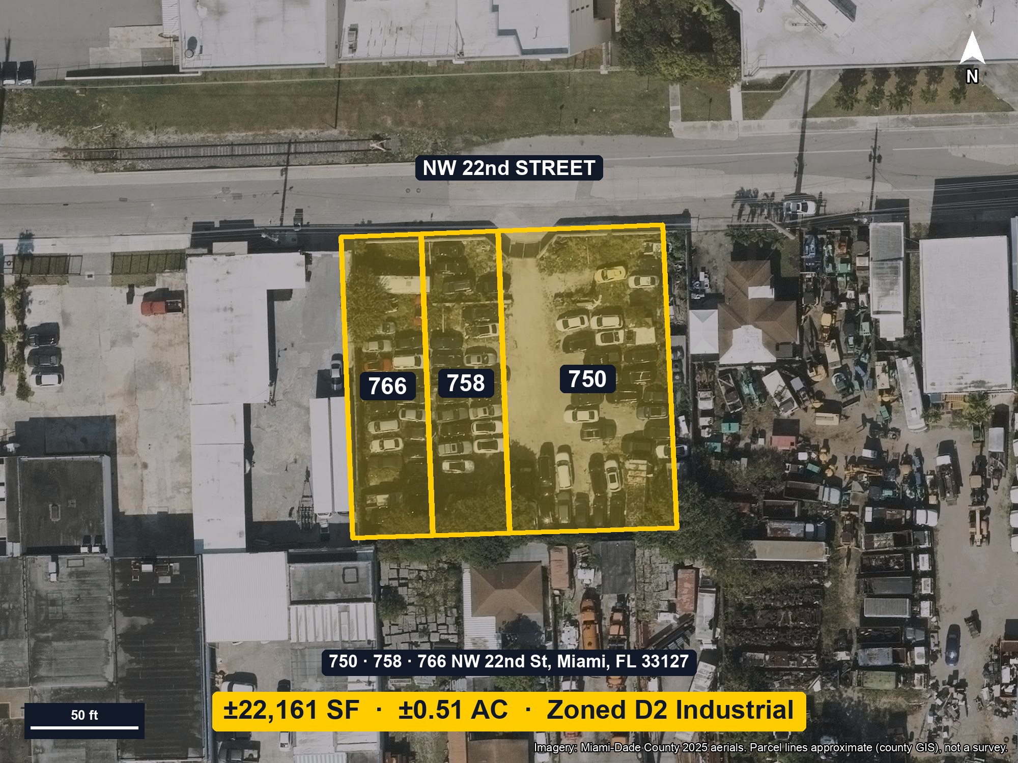 Aerial with approximate parcel boundaries for 750, 758 & 766 NW 22nd Street